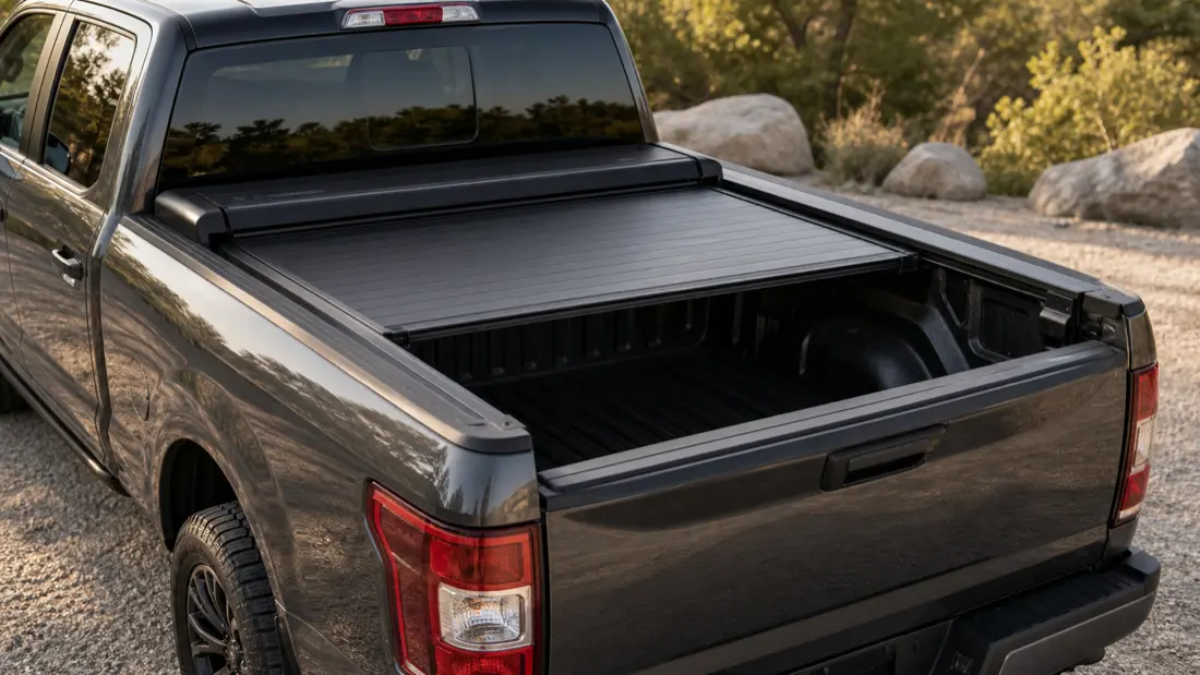Retractable tonneau cover on a truck bed