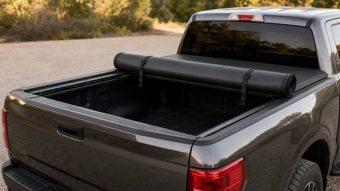 Soft roll-up tonneau cover on a truck bed