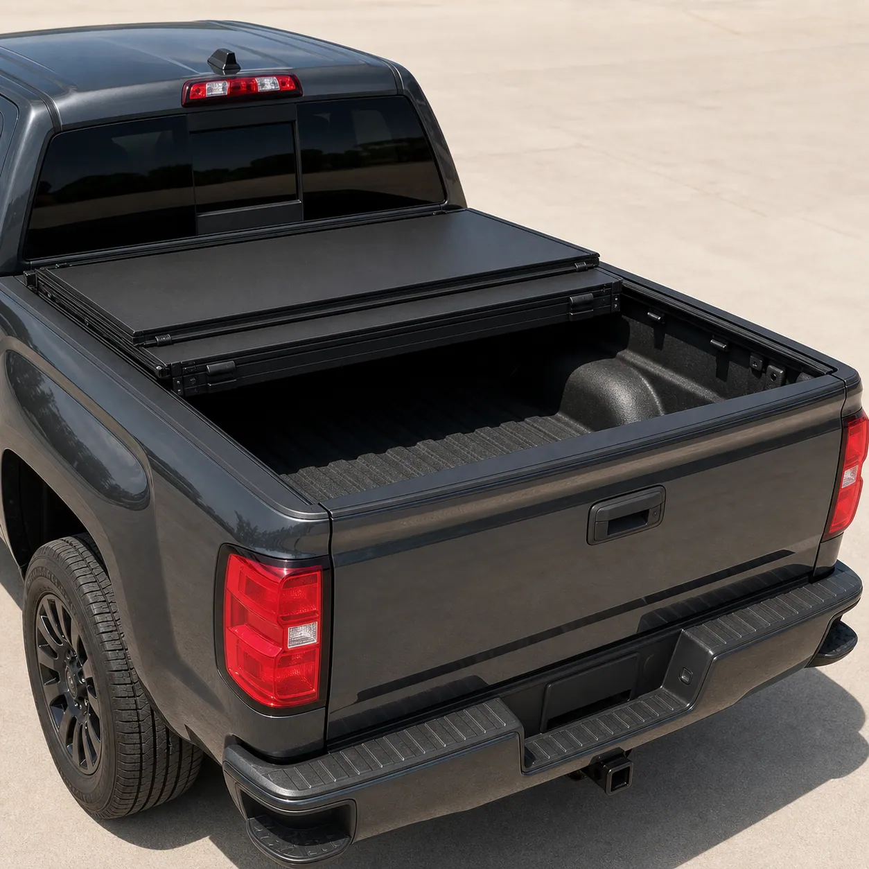 Access LOMAX Stance quad-fold cover in a half-folded position on a pickup bed