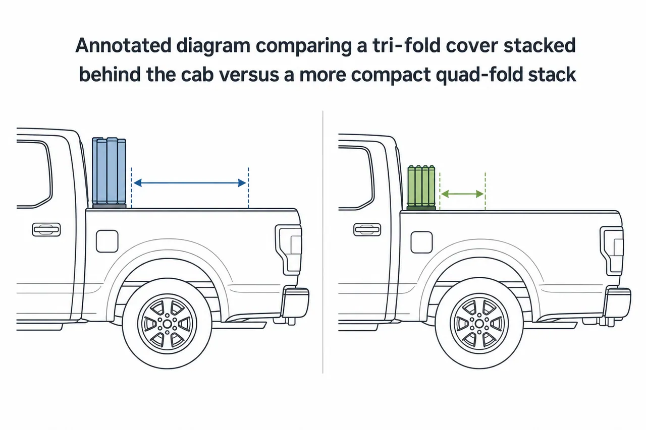 Annotated diagram comparing a tri-fold cover stacked behind the cab versus a more compact quad-fold stack