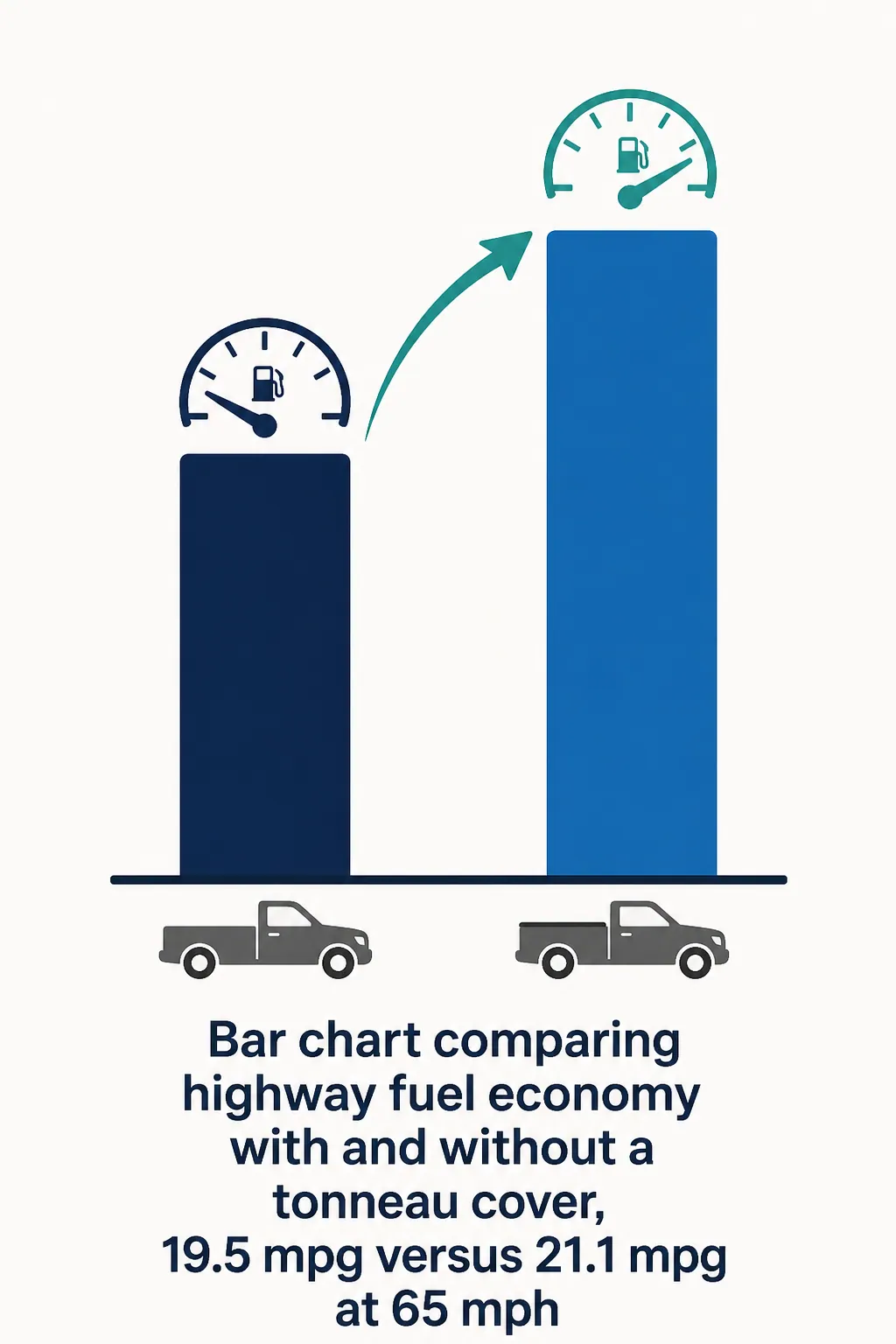 Bar chart comparing highway fuel economy with and without a tonneau cover, 19.5 mpg versus 21.1 mpg at 65 mph