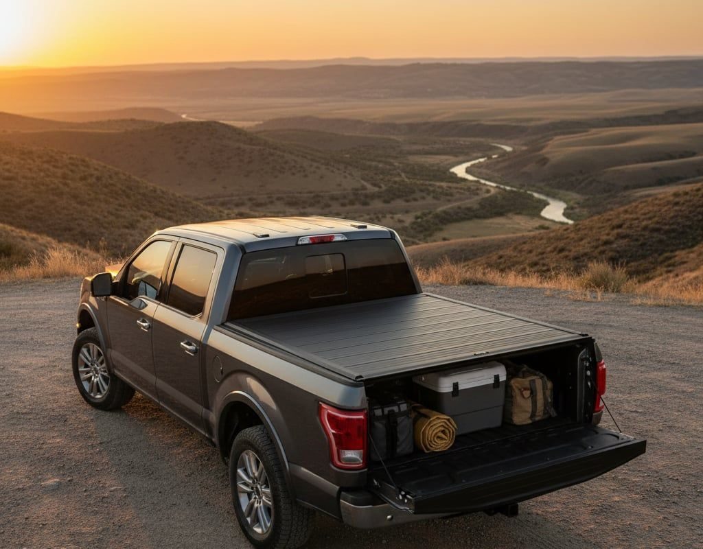 Ram 1500 Crew Cab with hard tri-fold tonneau cover and open RamBox side storage rail, showing fitment configuration