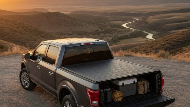 Ram 1500 Crew Cab with hard tri-fold tonneau cover and open RamBox side storage rail, showing fitment configuration