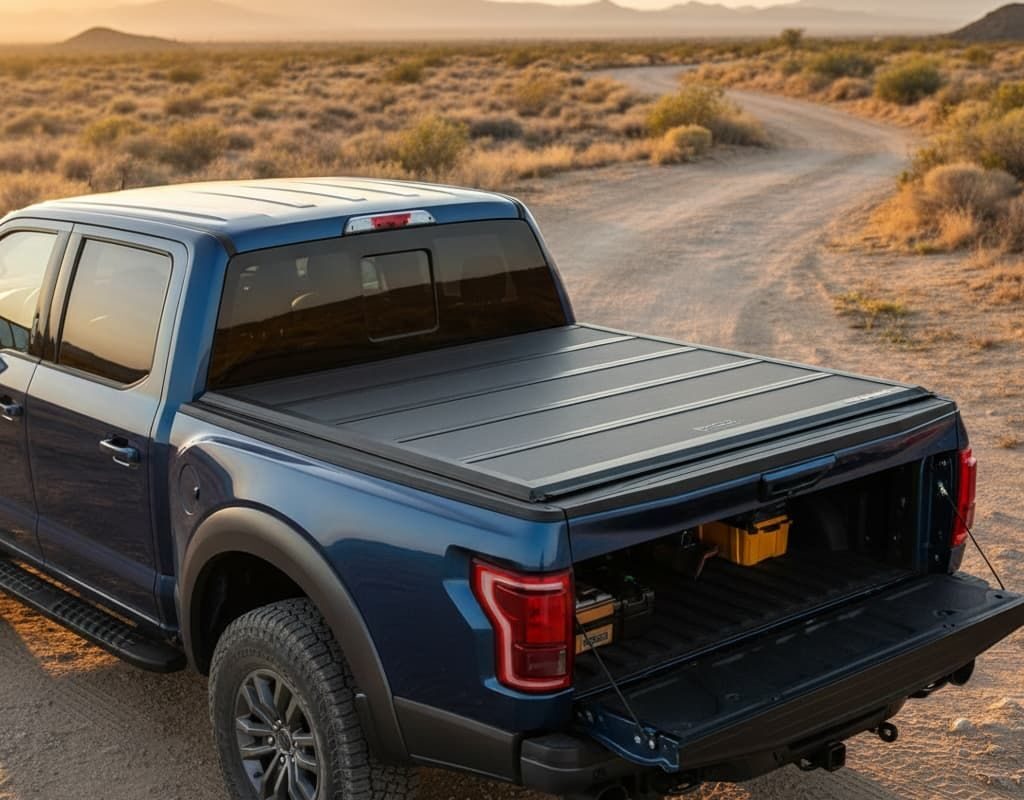 Toyota Tacoma with hard-folding tonneau cover open on a trail, camping gear in the truck bed, 2026 buyer's guide