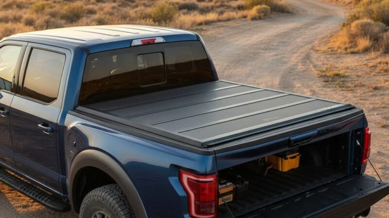Toyota Tacoma with hard-folding tonneau cover open on a trail, camping gear in the truck bed, 2026 buyer's guide