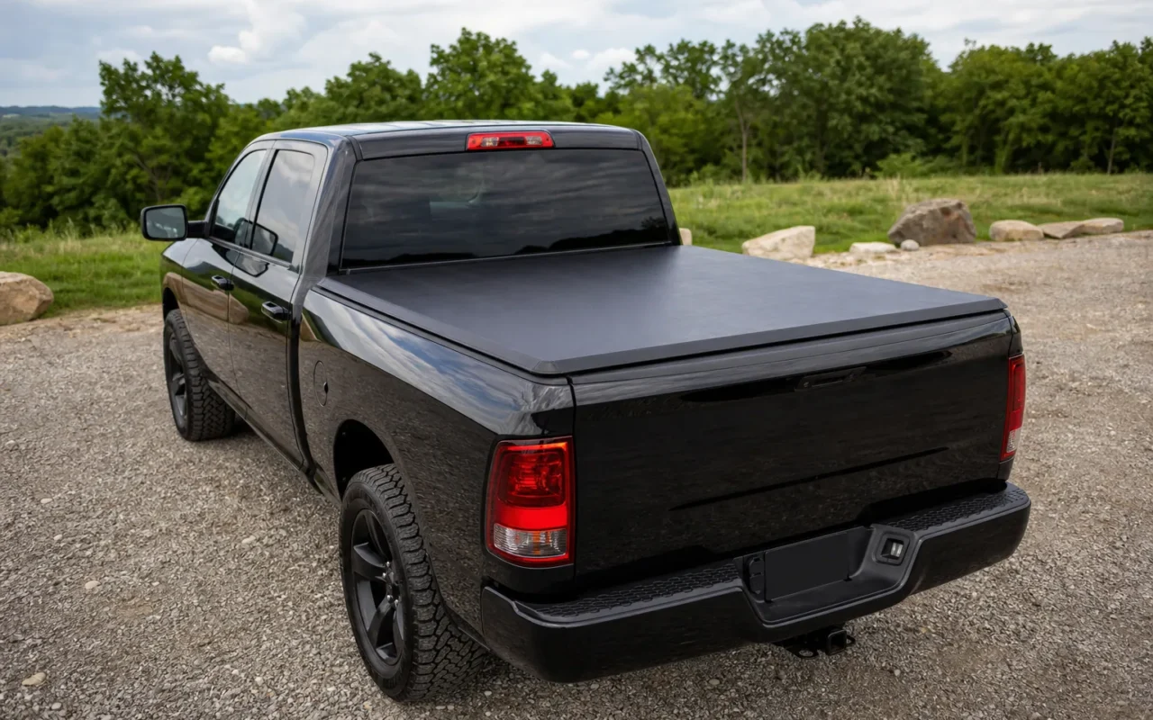 Black soft roll-up tonneau cover installed and closed over a full-size pickup truck bed, parked outdoors in daylight