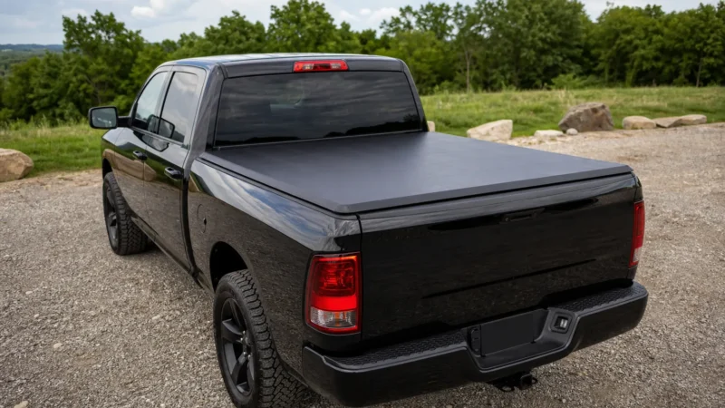 Black soft roll-up tonneau cover installed and closed over a full-size pickup truck bed, parked outdoors in daylight