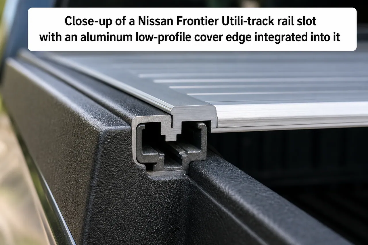 Close-up of a Nissan Frontier Utili-track rail slot with an aluminum low-profile cover edge integrated into it