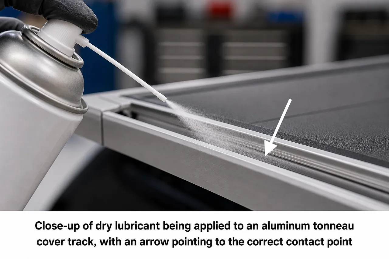 Close-up of dry lubricant being applied to an aluminum tonneau cover track, with an arrow pointing to the correct contact point