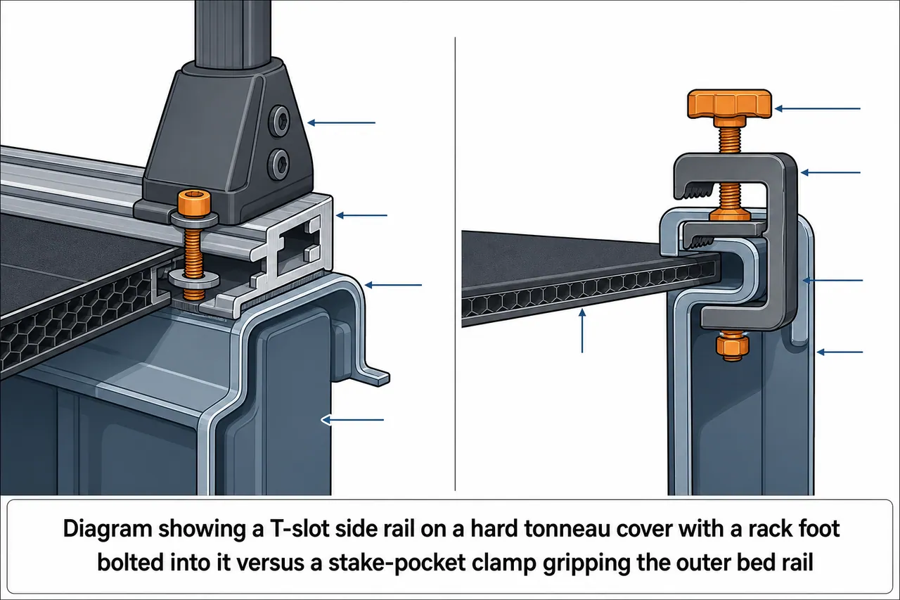 Diagram showing a T-slot side rail on a hard tonneau cover with a rack foot bolted into it versus a stake-pocket clamp gripping the outer bed rail