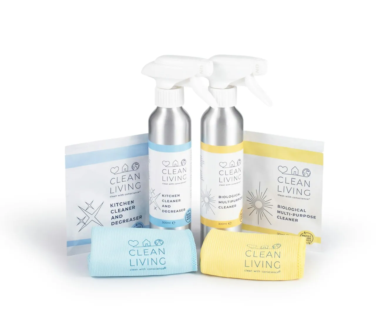 Flat-lay of two cleaning kits: a soft-cover kit and a hard-cover kit, with each product laid out and labeled