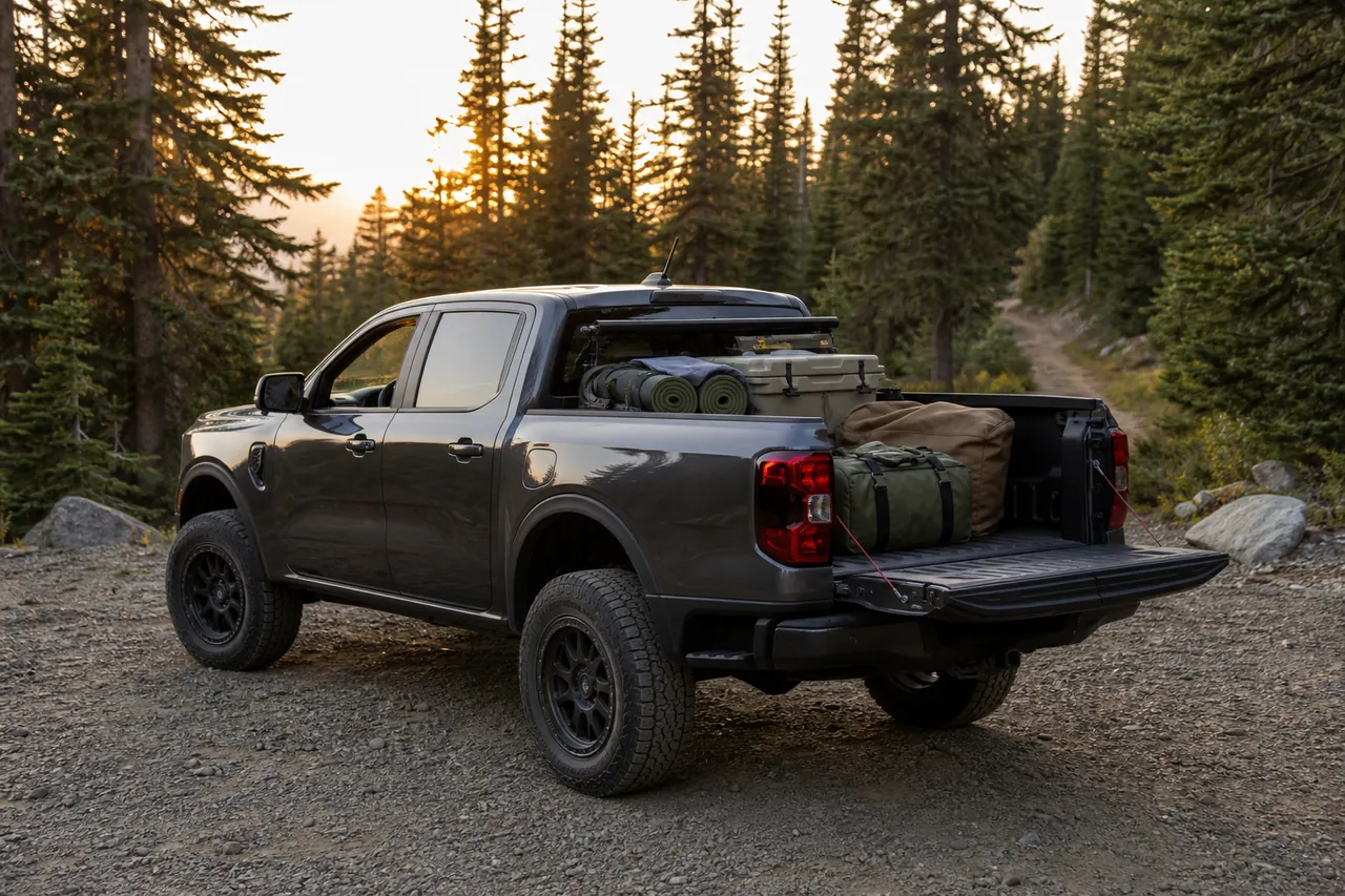 Ford Ranger parked at a backcountry trailhead at dusk with camping gear loaded in the open bed