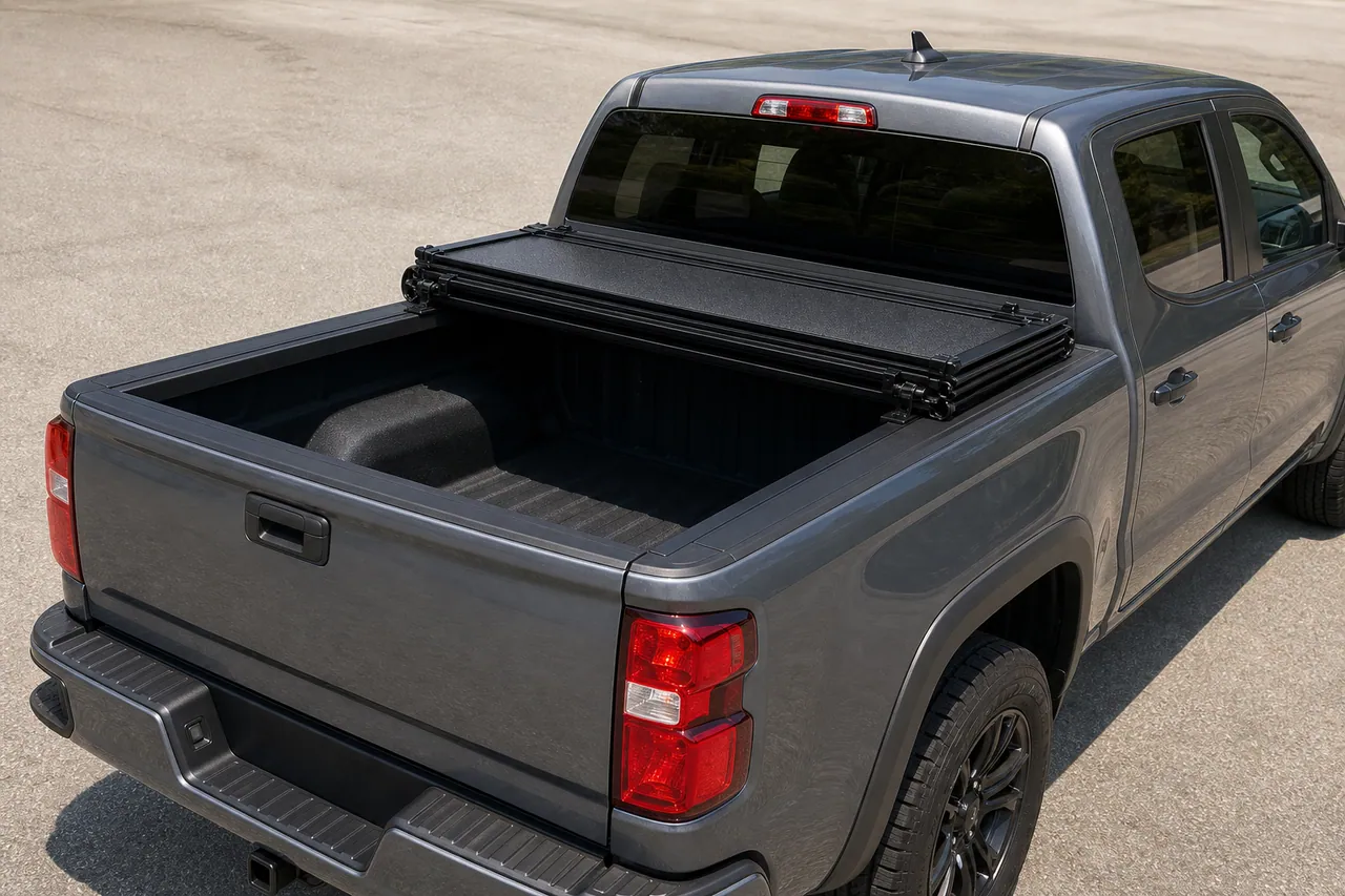 Gator SFX soft tri-fold tonneau cover folded open on a Chevy Colorado bed showing the marine-grade vinyl panels and aluminum frame