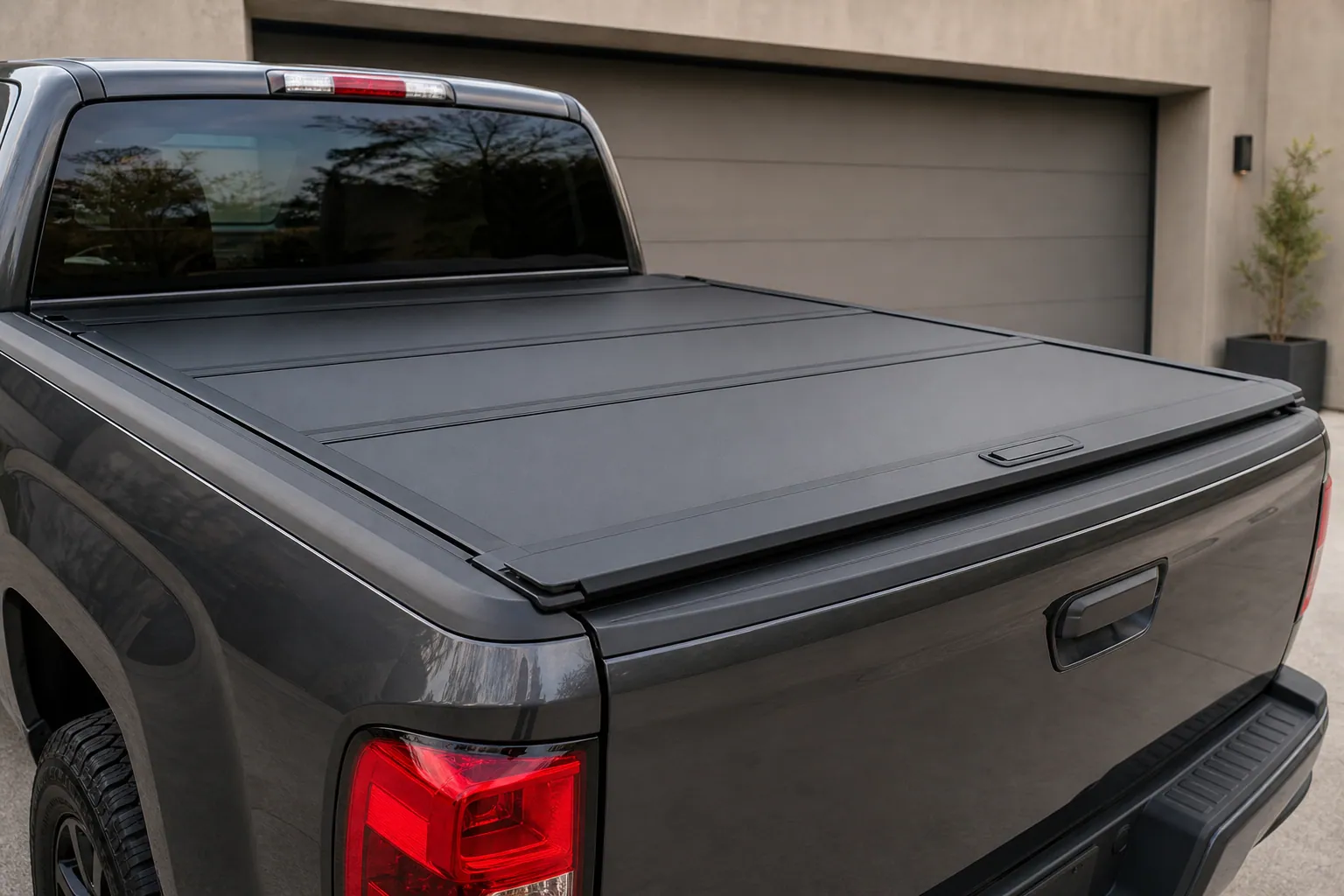 Hard folding aluminum tonneau cover closed on a pickup truck, low side profile