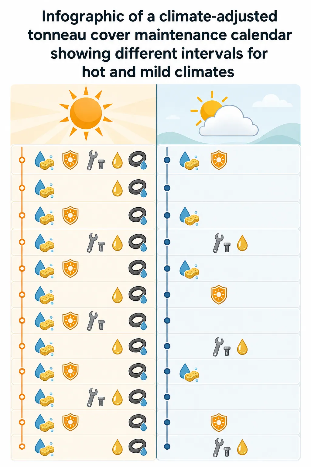 Infographic of a climate-adjusted tonneau cover maintenance calendar showing different intervals for hot and mild climates