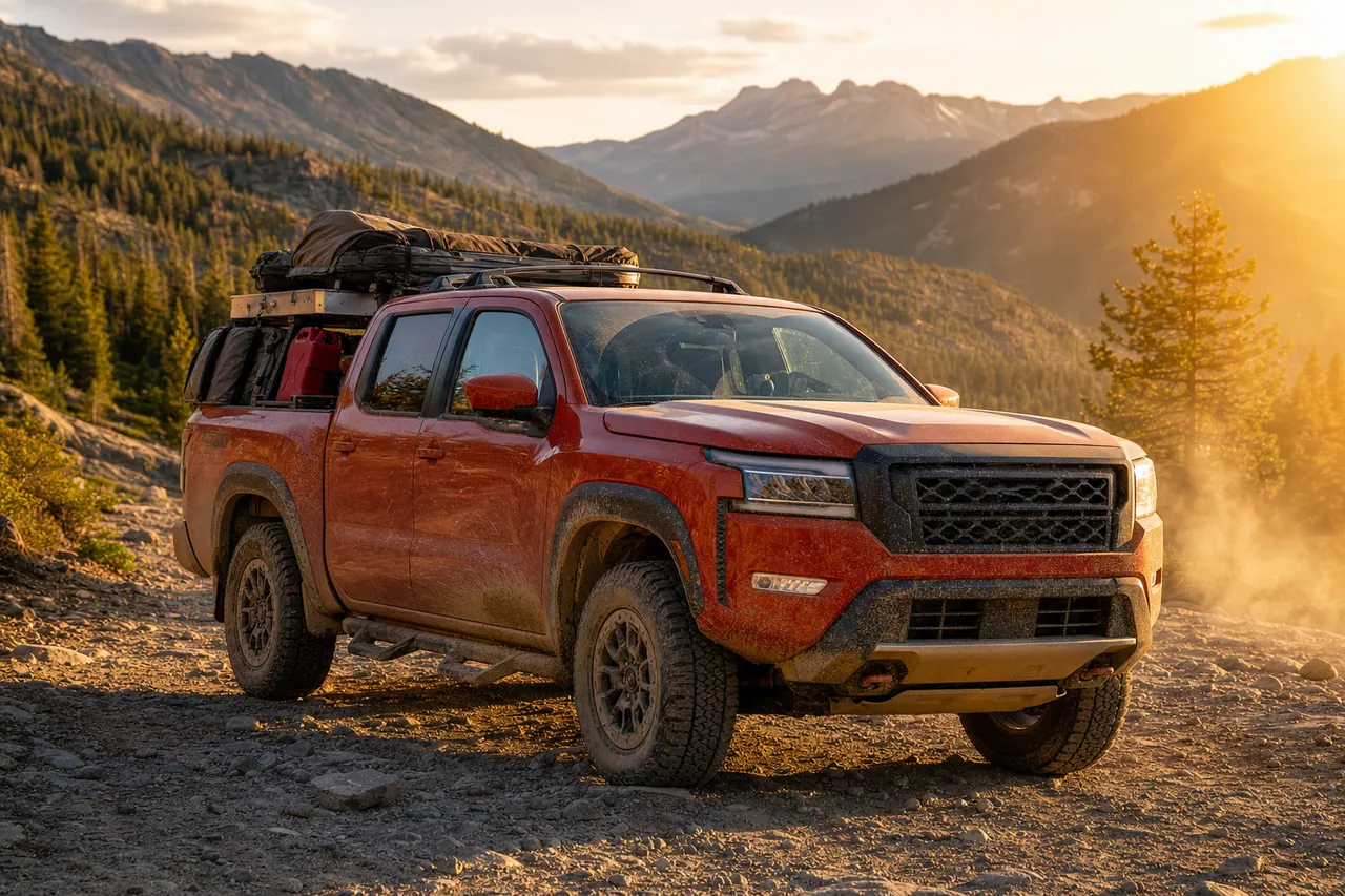 Nissan Frontier Pro-4X parked on a muddy off-road trail with gear in the bed