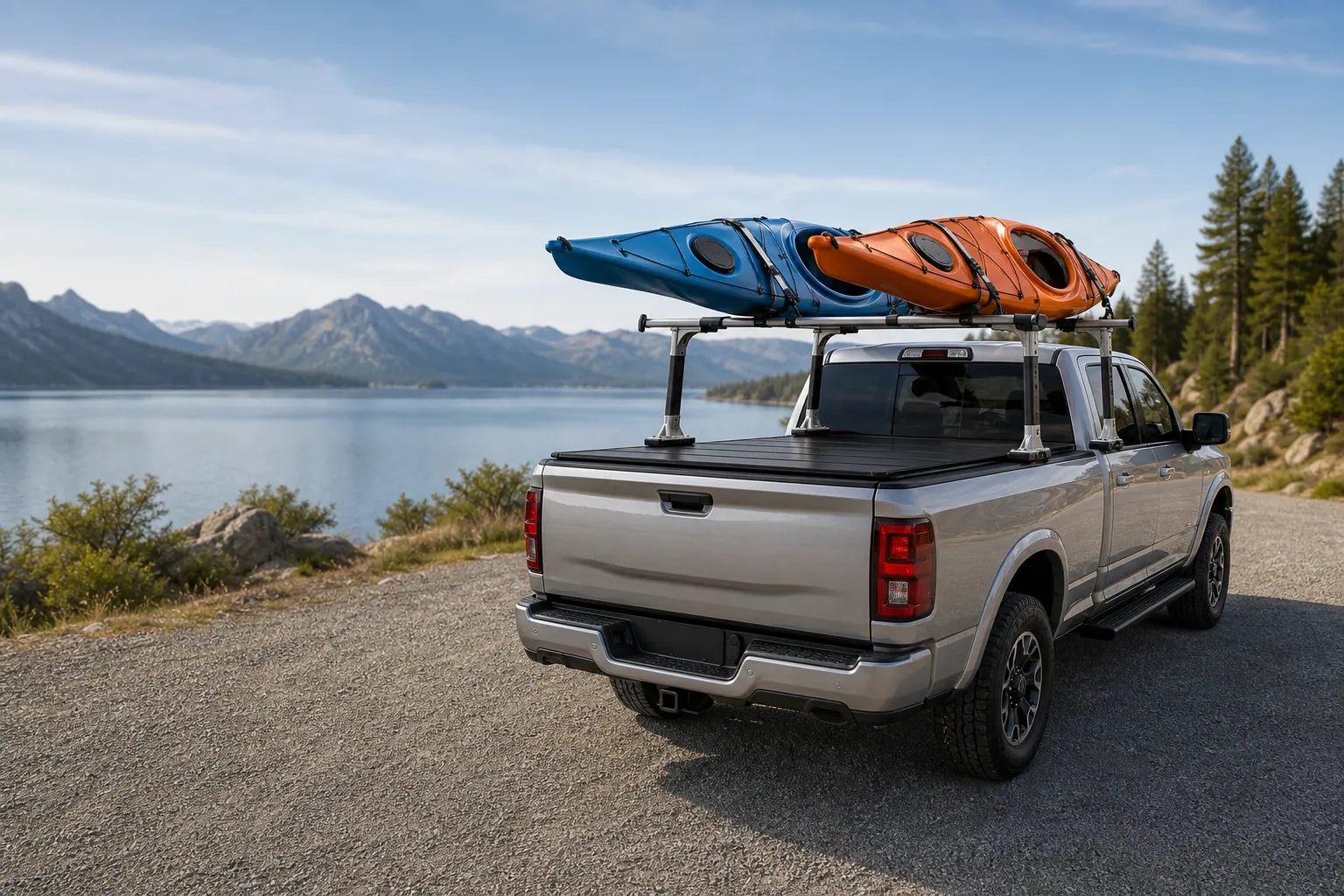 Retractable tonneau cover with an aluminum bed rack mounted over a pickup truck bed, loaded with kayaks