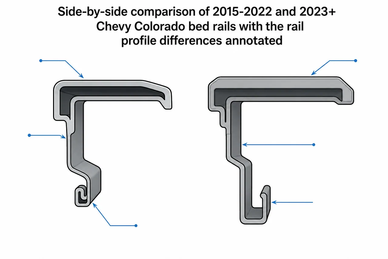 Side-by-side comparison of 2015-2022 and 2023+ Chevy Colorado bed rails with the rail profile differences annotated