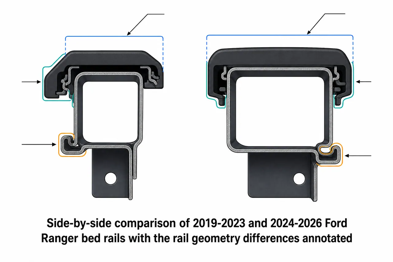 Side-by-side comparison of 2019-2023 and 2024-2026 Ford Ranger bed rails with the rail geometry differences annotated
