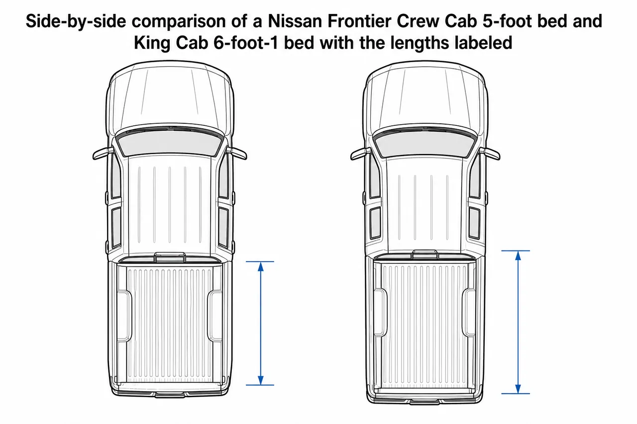 Side-by-side comparison of a Nissan Frontier Crew Cab 5-foot bed and King Cab 6-foot-1 bed with the lengths labeled