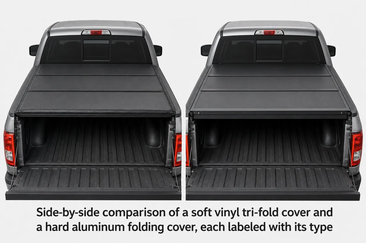 Side-by-side comparison of a soft vinyl tri-fold cover and a hard aluminum folding cover, each labeled with its type