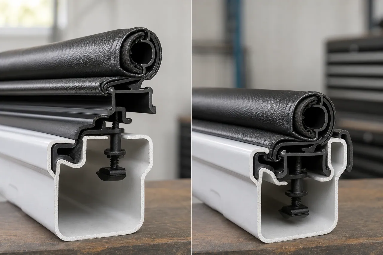 [Side-by-side cutaway diagram comparing a 1.5-inch top-mount tonneau cover profile (TruXport) and a 0.75-inch inside-rail tonneau cover profile (Gator ETX) on a truck bed rail]
