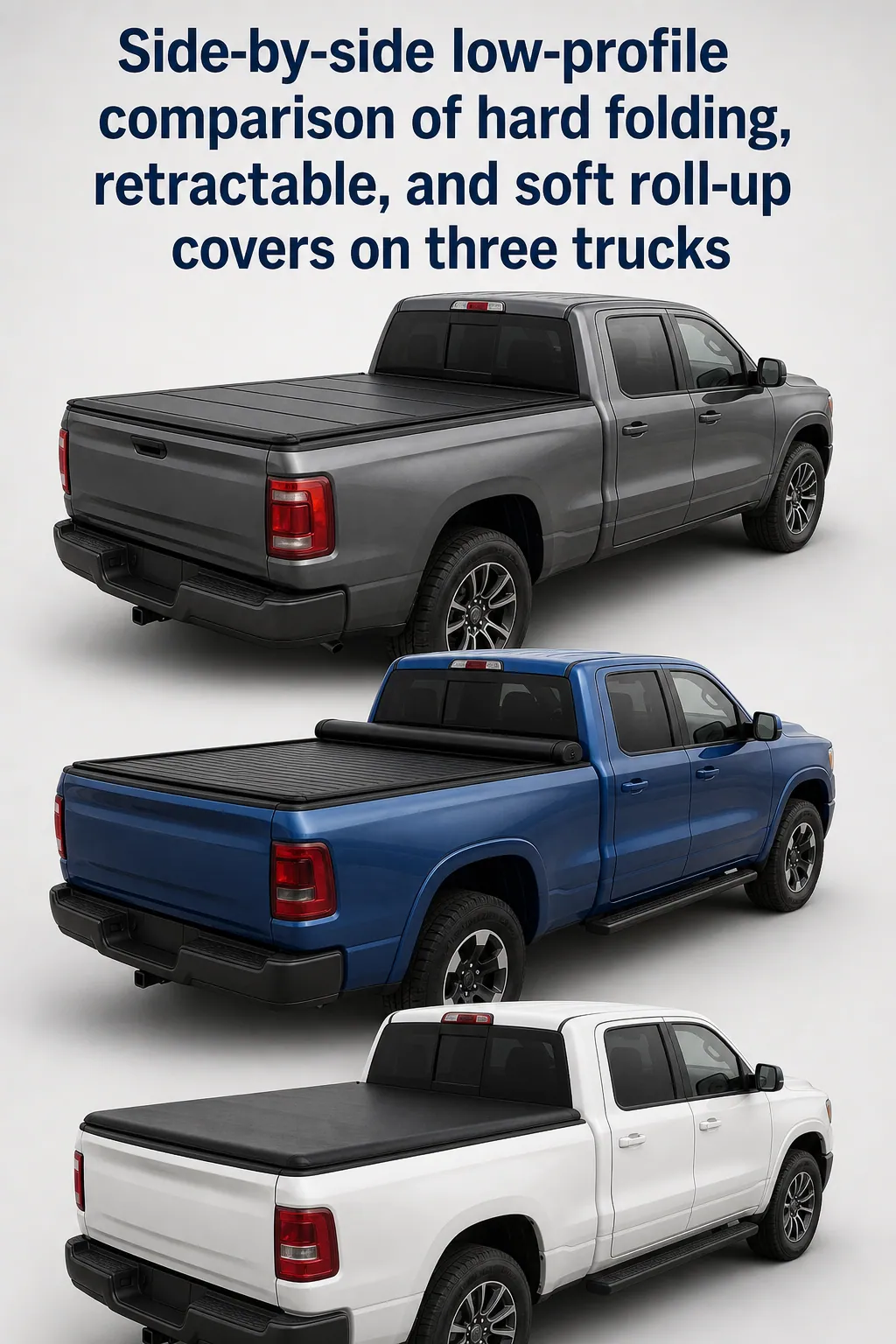 Side-by-side low-profile comparison of hard folding, retractable, and soft roll-up covers on three trucks