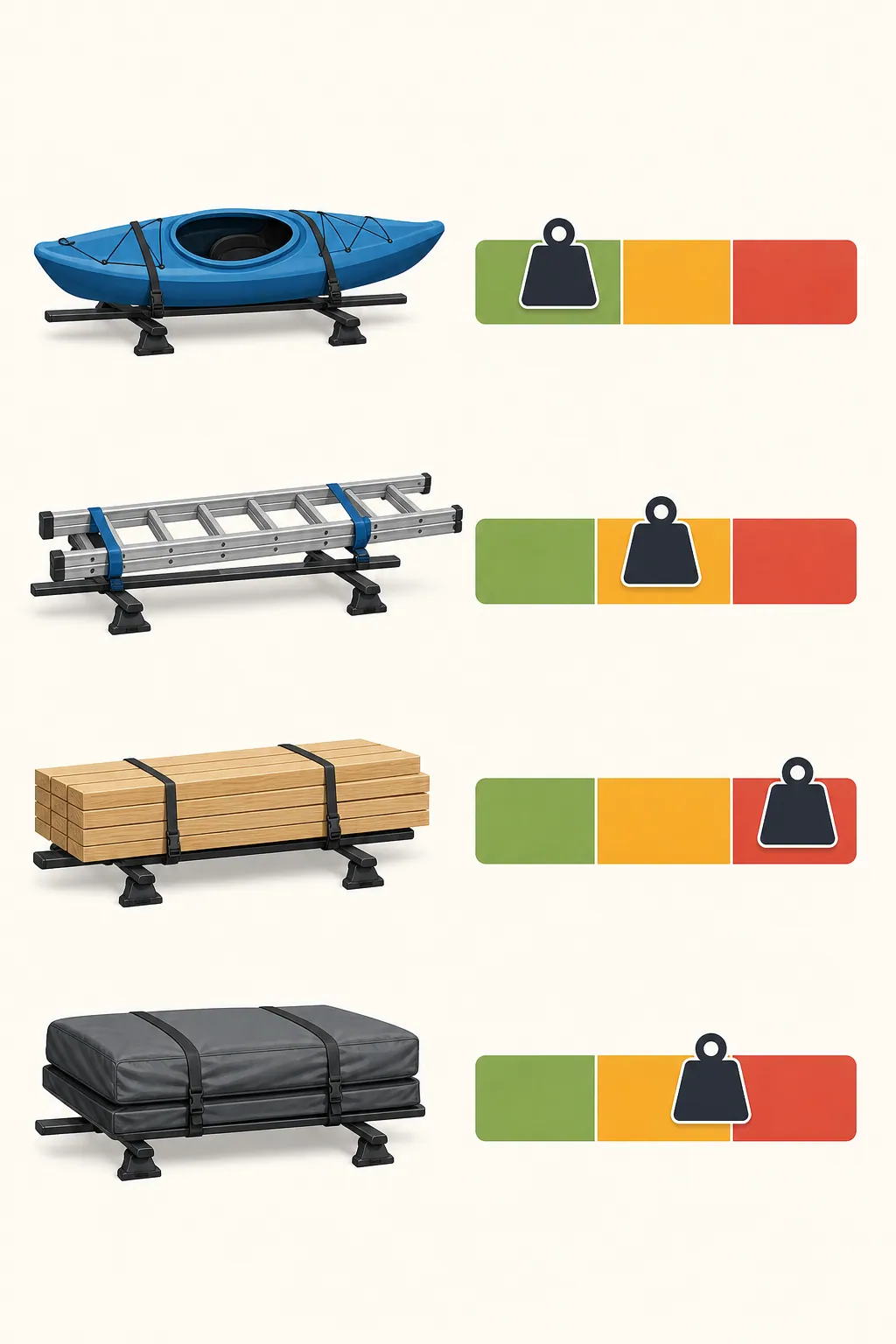 Comparison infographic of four rack load scenarios mapped against static, on-road, and off-road rack ratings