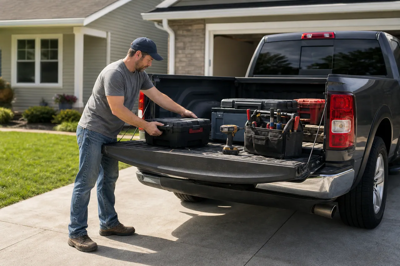 Truck owner loading tools and gear into an open pickup bed in a driveway