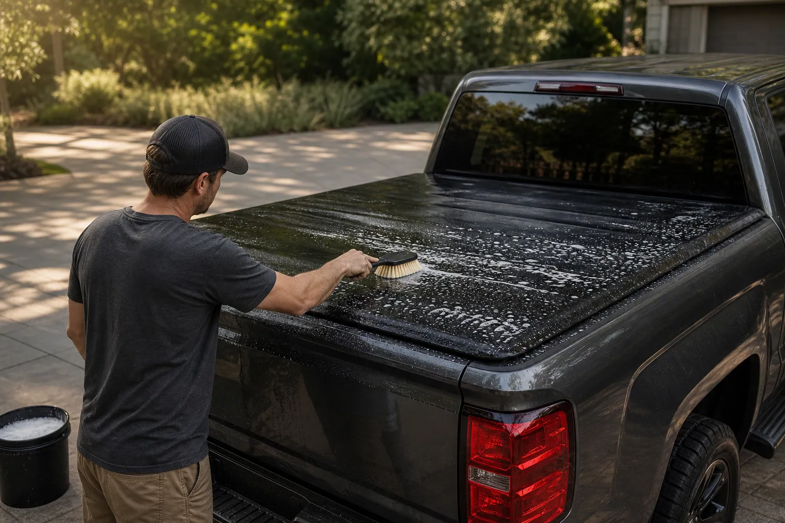 Truck owner washing a soft vinyl tonneau cover with a soft brush in a shaded driveway