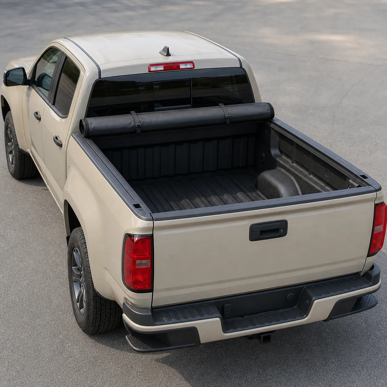 TruXedo Lo Pro soft roll-up tonneau cover rolled forward against the cab of a Chevy Colorado, open bed visible