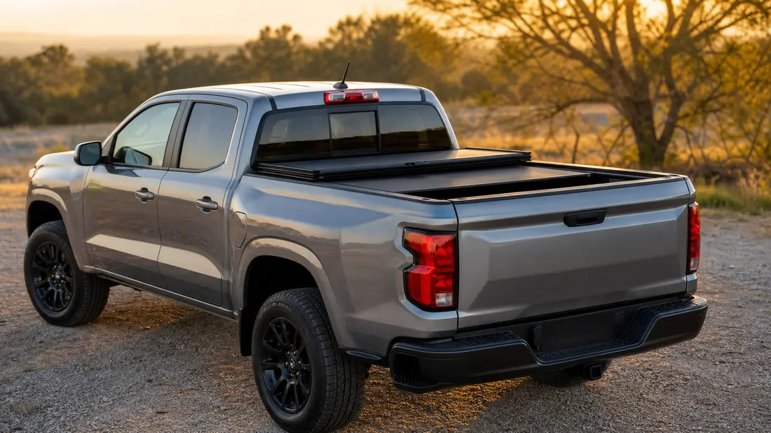 Chevy Colorado tri-fold tonneau cover with the rear panel folded forward for bed access