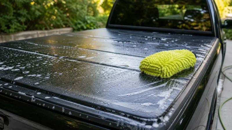 Washing a black vinyl tonneau cover with soapy water and a microfiber wash mitt