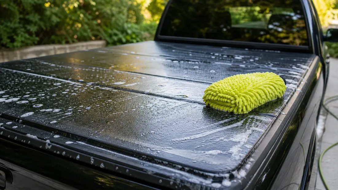 Washing a black vinyl tonneau cover with soapy water and a microfiber wash mitt