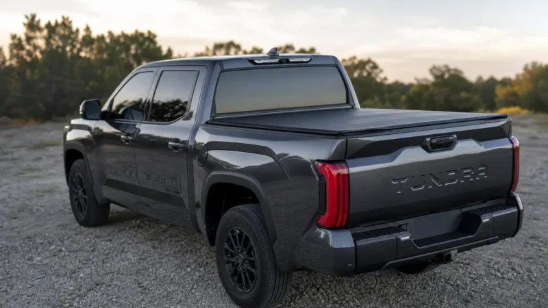 Toyota Tundra with a black soft roll-up tonneau cover installed on the bed