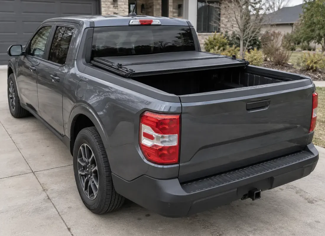 Compact pickup with a hard folding tonneau cover folded forward on the short bed