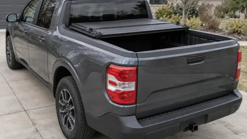 Compact pickup with a hard folding tonneau cover folded forward on the short bed