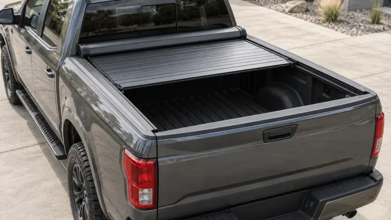 Retractable aluminium slat tonneau cover half open on a full-size pickup bed