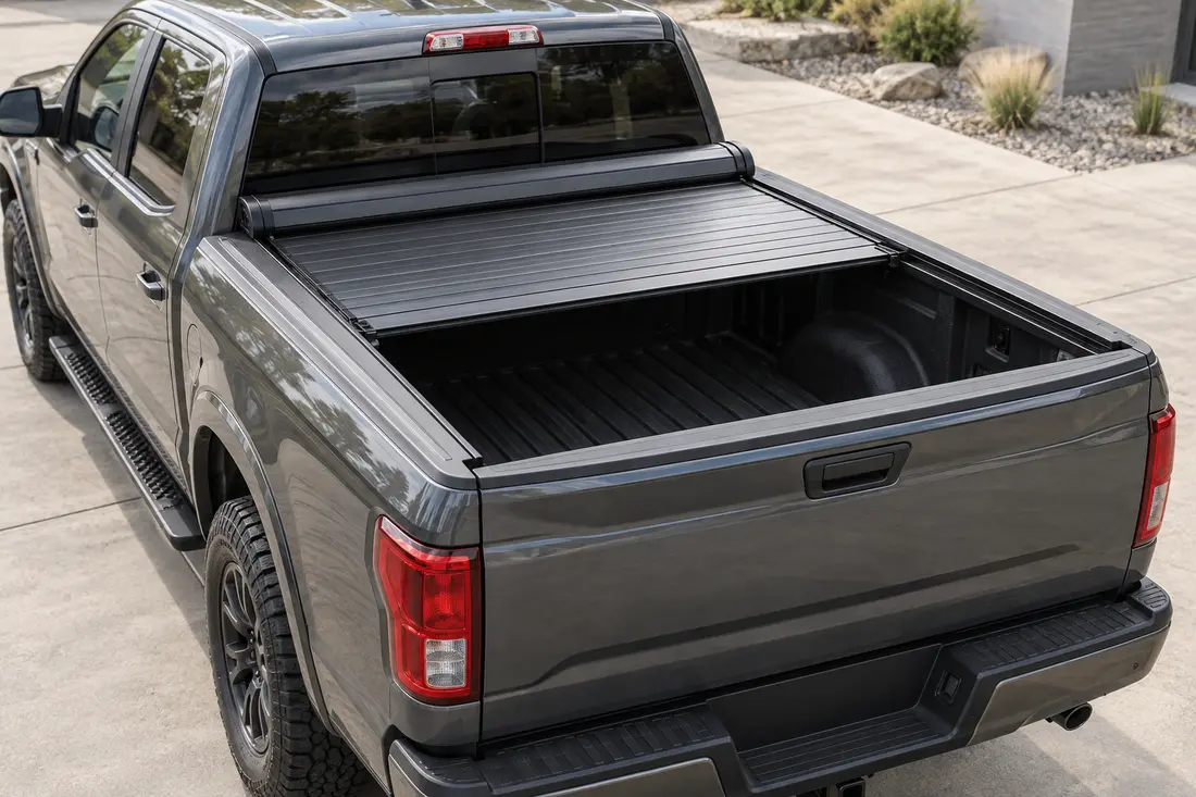 Retractable aluminium slat tonneau cover half open on a full-size pickup bed