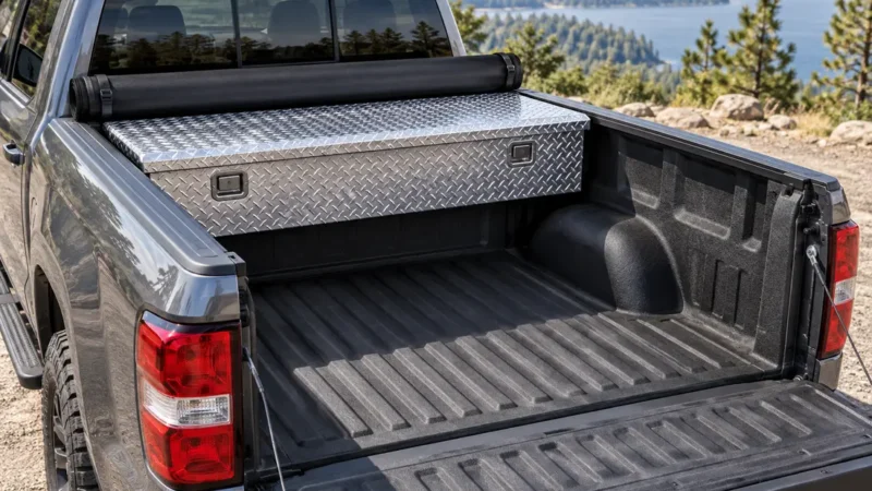Aluminium crossover tool box in a pickup bed with a roll-up tonneau cover rolled back behind it