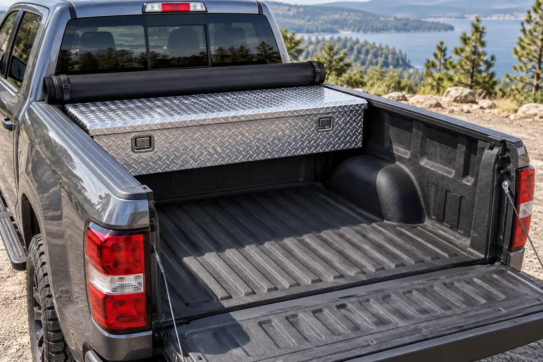 Aluminium crossover tool box in a pickup bed with a roll-up tonneau cover rolled back behind it
