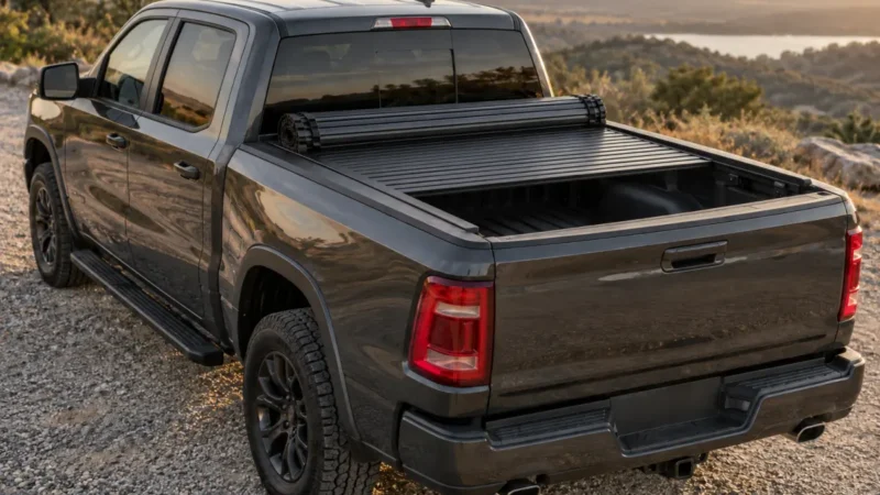 Hard roll-up tonneau cover with aluminum slats partly rolled toward the cab on a pickup bed