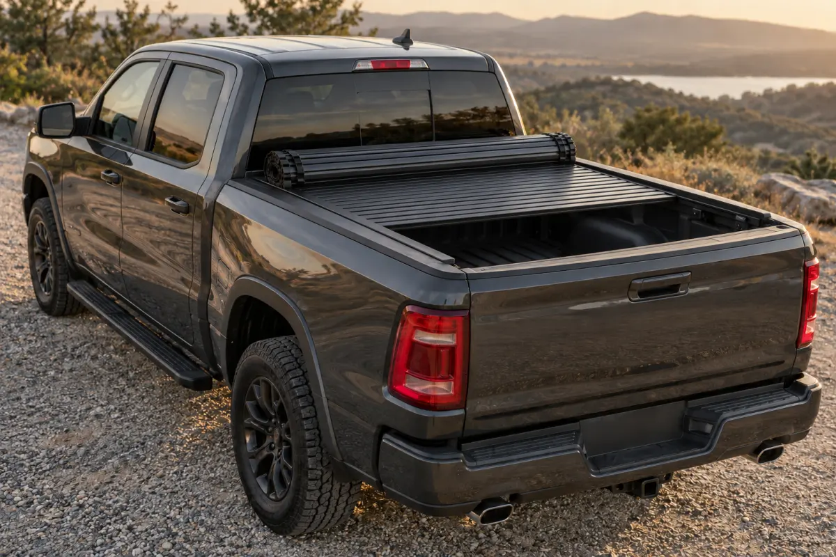 Hard roll-up tonneau cover with aluminum slats partly rolled toward the cab on a pickup bed