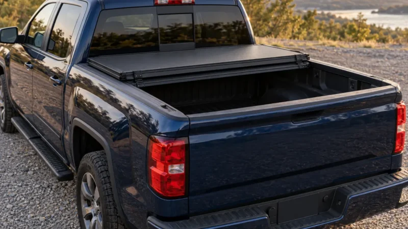 Tri-fold tonneau cover with the rear panel folded forward on a pickup bed