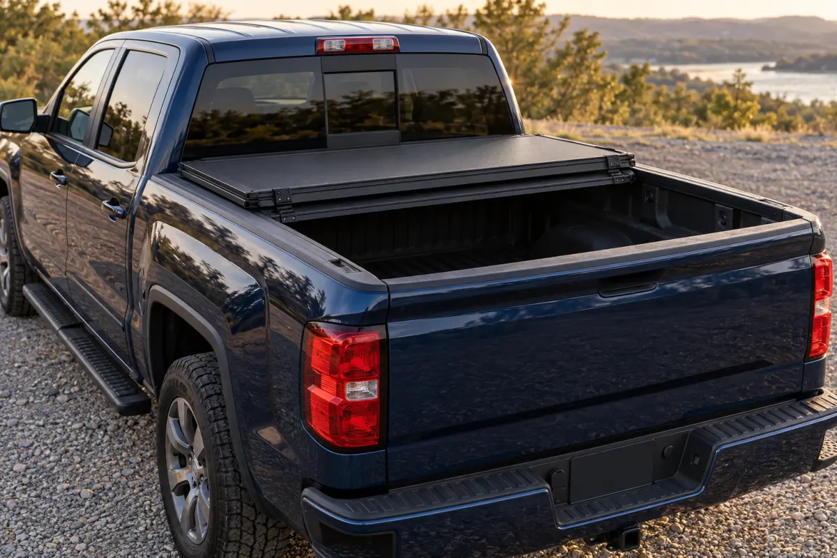 Tri-fold tonneau cover with the rear panel folded forward on a pickup bed